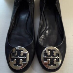 Tory Burch Black Flats with Silver Logo